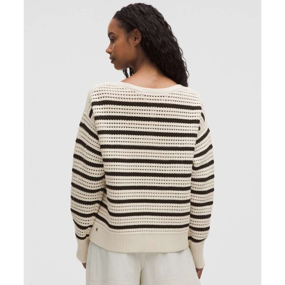 Lululemon Cotton Crochet Pullover Sweater Light Ivory/Black XL Open-Knit - Picture 3 of 4